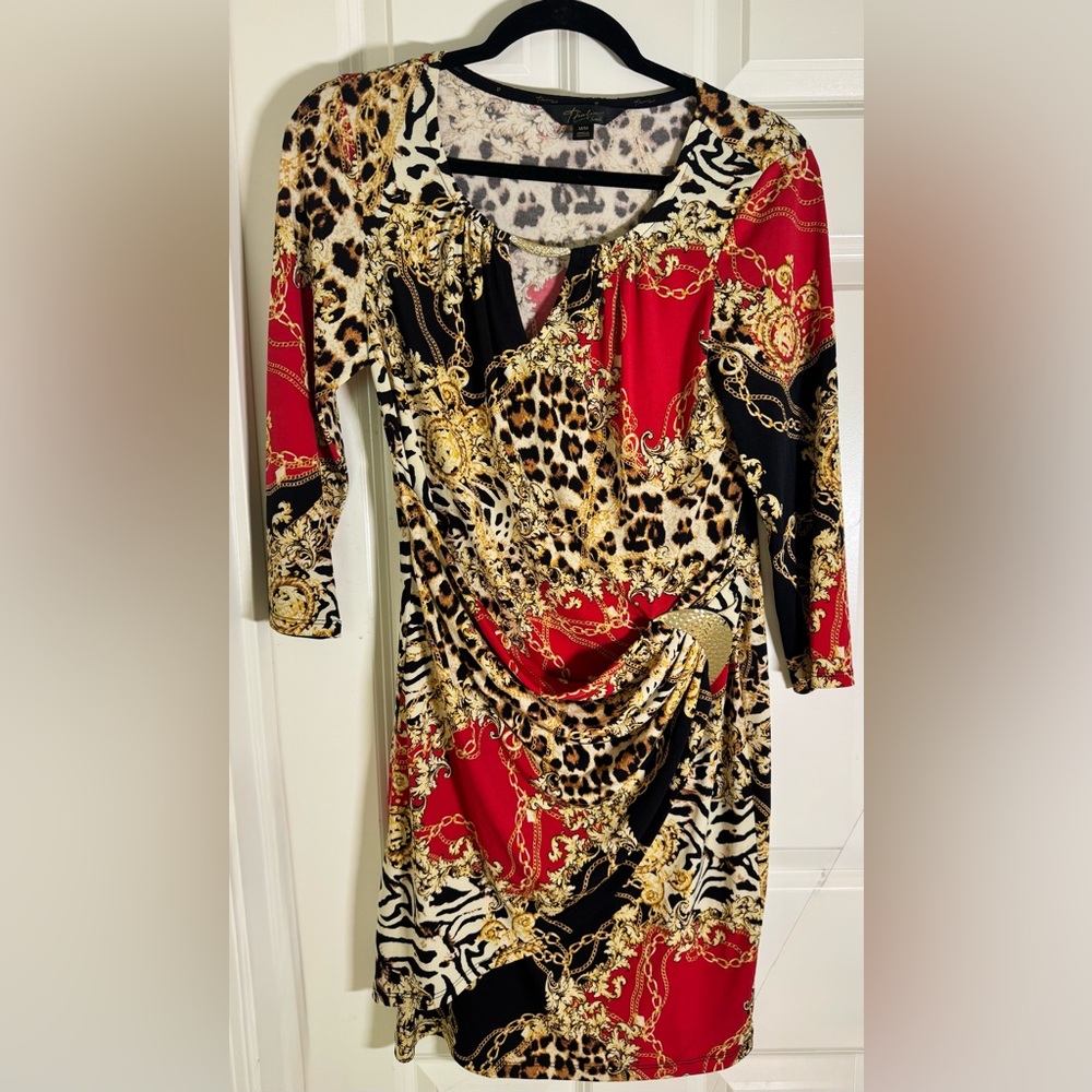Thalia Sodi‎ Animal Print Baroque Chain Ruched Dress Size M